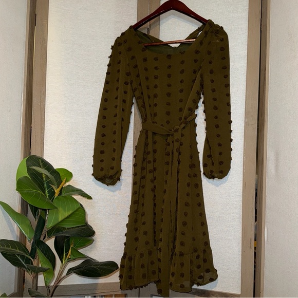 DownEast Dresses & Skirts - DownEast Textured Swiss dot Long Sleeve Dress in Olive
